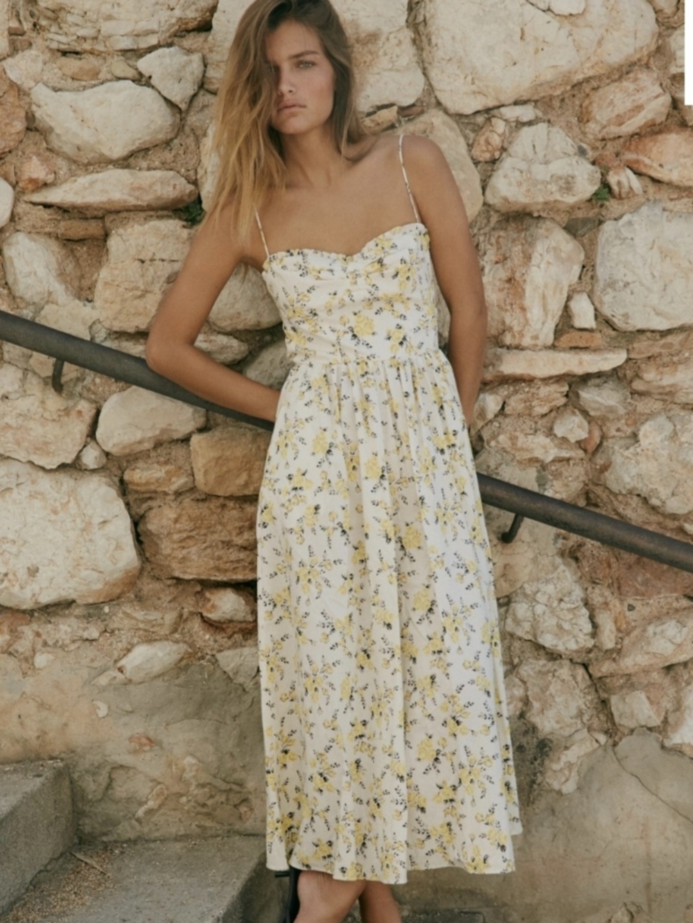 Zara Yellow Floral Spaghetti-Strap Midi Dress